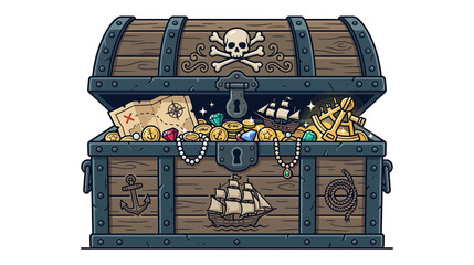 Open Pirate Treasure Chest Full of Gold Coins, Jewels, Map, and Ships © Azis