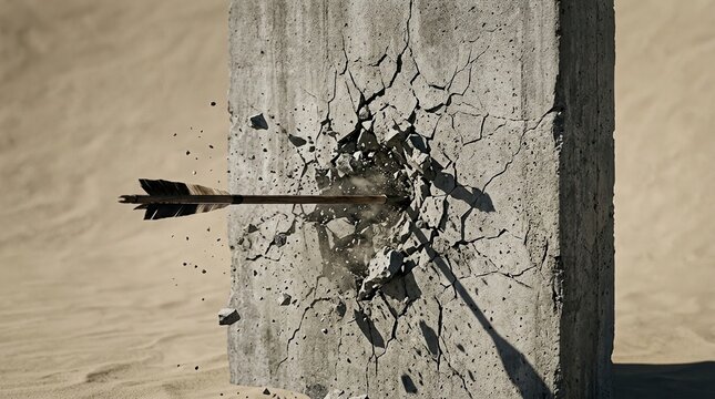 Target impact, breakthrough, determination concept with arrow embedded in cracked concrete wall.