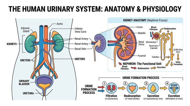 Human Urinary System Anatomy and Physiology Diagram - Kidneys, Bladder, Nephron