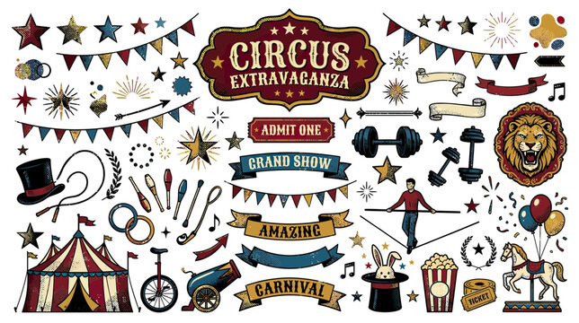 Vintage Circus Extravaganza Set: Carnival, Performance Elements, Decorations