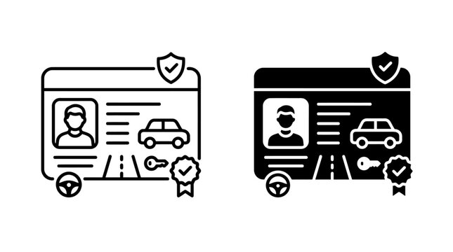 Driver License Identification Card with Car Vector Icon Set &ndash; Outline and Solid Black Glyph Driving Permit Vehicle Registration Symbol