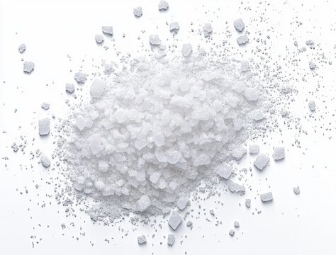 Pile of coarse white salt crystals scattered on a white surface, minimalist and pristine