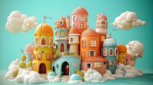 Whimsical pastel floating village of colorful domed houses and turrets on a cloud-ringed islet with arched doorways, balconies, flags and cozy greenery &mdash; playful and dreamy