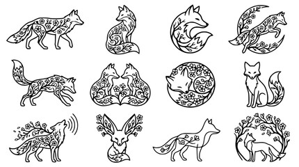 Fototapeta premium Artistic Fox Illustrations Set: Floral Designs, Line Art, Nature Motifs