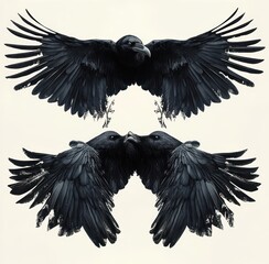 Obraz premium Three black ravens with outstretched wings on a pale background, one soaring above two facing each other with beaks touching, dramatic and mysterious mood