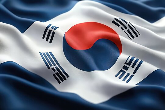 Waving white national flag with red and blue circular emblem and four black trigram bars, flowing fabric conveying pride and motion