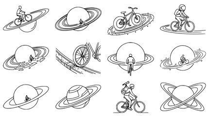 Cyclist Riding Bicycle on Rings of Saturn, Space Adventure, Line Art Collection © Akun
