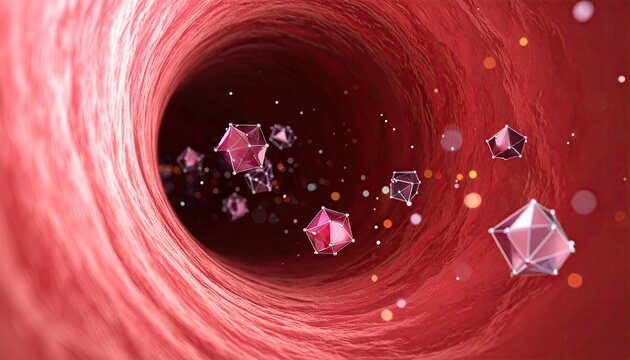 Microscopic view of blood vessel with nano particles.