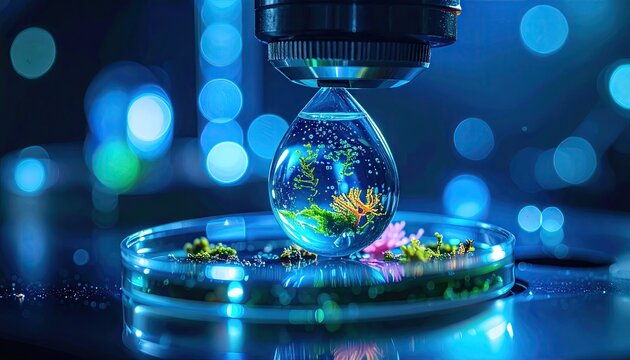 Microscopic view of a water droplet ecosystem.