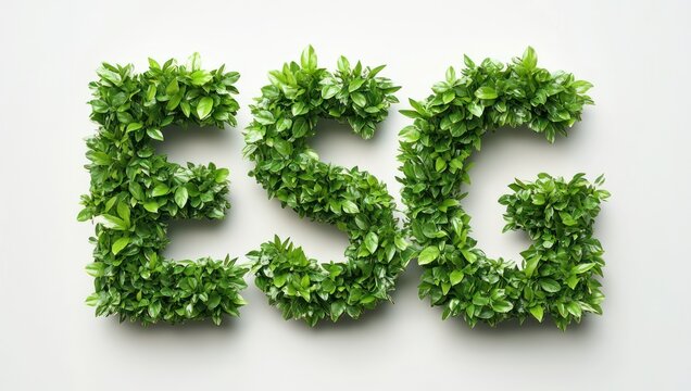 Leafy green letters spelling ESG formed from dense fresh leaves on a clean white background, evoking eco friendly optimism and sustainable growth
