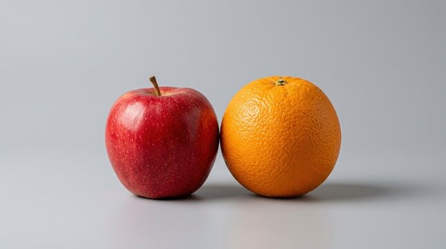 Apple and orange comparison, choice, difference concept with fruit pair on clean minimal background.