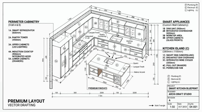 Isometric view of a modern smart kitchen layout with appliance specifications