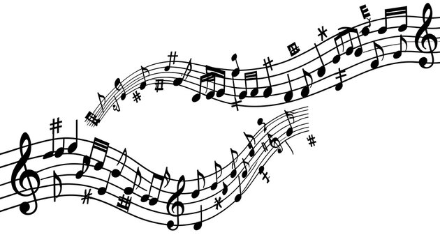 Black and white music notes wave illustration with treble clef