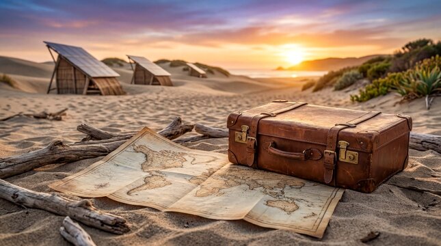 Vintage travel essentials, a vintage suitcase rests atop a travel map with an abstract beach backdrop