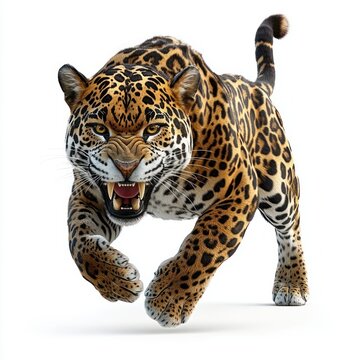 Fierce charging jaguar mid-leap with bared teeth and claws, intense gaze and dynamic motion on white background