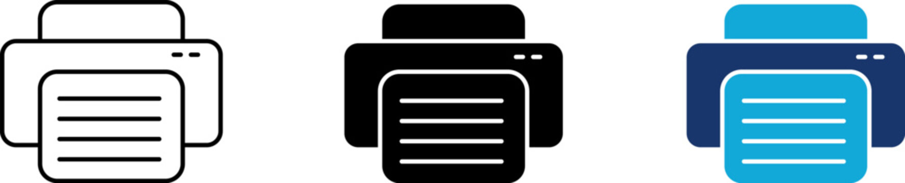 Printer machine icon set, office document printing hardware, paper text copy scanner machine, corporate publication workspace device, line and flat color style illustration graphic design.