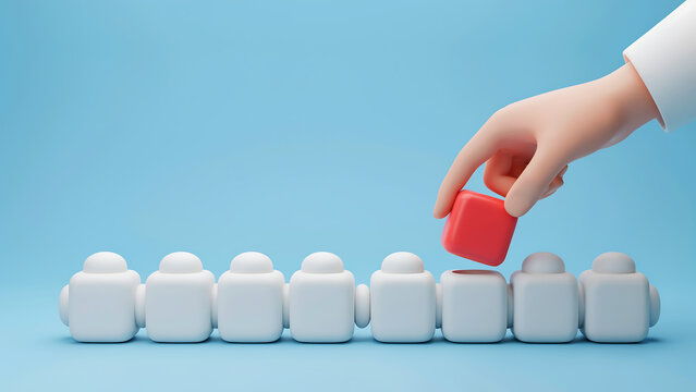 Hand inserting a red cube into a sequence of white blocks representing unique strategic positioning or market differentiation