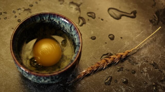 Raw egg with intact yolk and egg white in a ceramic bowl beside a wheat ear on a wet dark surface, rustic food still life with shimmering light reflection