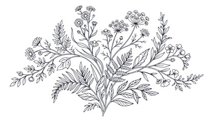 Vintage botanical line art bouquet, hand drawn wildflower floral arrangement vector, black and white meadow herbs and fern leaves illustration © Rehman