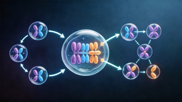 3D Comparative Diagram of Mitosis and Meiosis Cell Division with Color Chromosomes