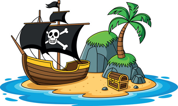 Cute cartoon pirate ship on tropical island vector illustration with treasure chest palm tree and skull flag for kids background