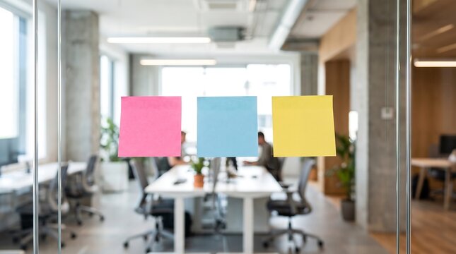 Blank Colorful Sticky Notes on Glass Office Wall Mockup