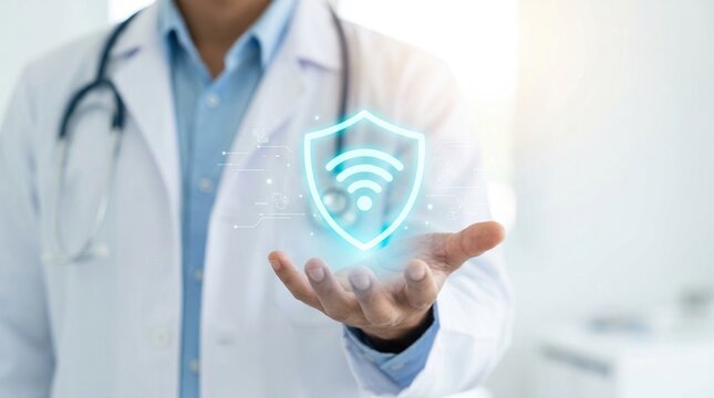 Telemedicine doctor, virtual care, healthcare protection concept with physician holding digital shield interface.