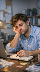 Obraz premium Overwhelmed office worker taking notes with pen and paper.