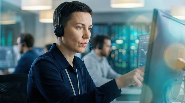 Technical support specialist, help desk, IT service concept with headset operator working at computer.