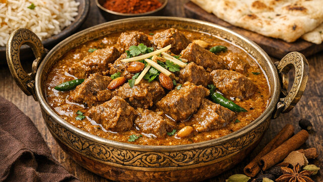 Aromatic beef curry with a rich, thick sauce, served in an ornate metal pot.