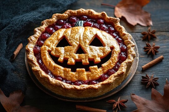 golden pie with carved pumpkin-face crust and glossy red cherry filling surrounded by cinnamon sticks, star anise and dried autumn leaves on a rustic table, cozy spooky festive mood