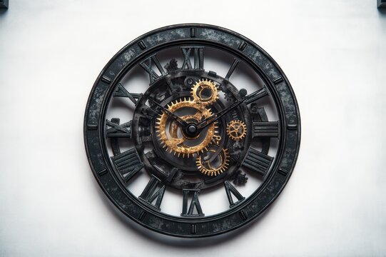 black metal wall clock with exposed golden gears and roman numerals on white background, evoking mechanical elegance and timeless wonder