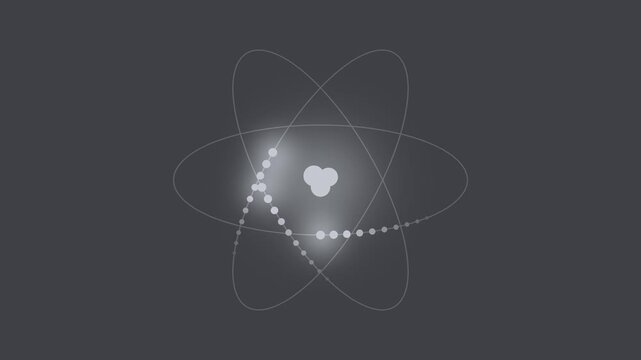 Gray atom model with electrons orbiting nucleus, science seamless loop background