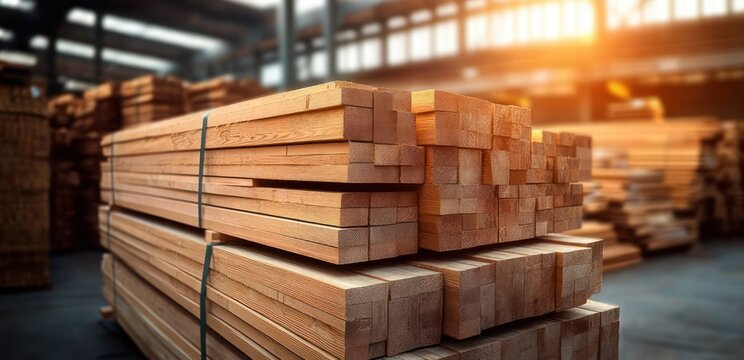 sunlit stacks of sawn timber and wooden planks bundled with straps in an orderly warehouse, warm industrious atmosphere