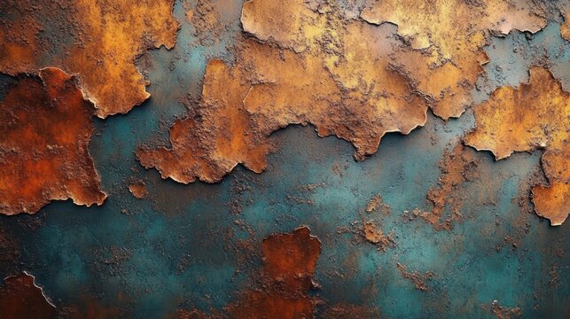 Peeling rust and blue-green patina on a weathered metal surface with flaking layers and rough texture, evoking an aged, gritty mood
