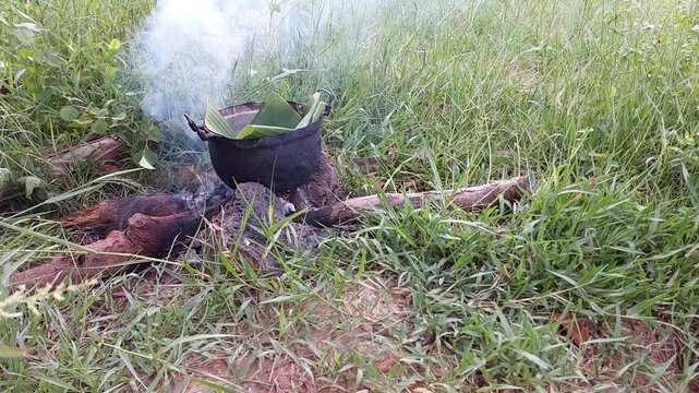 Authentic outdoor cooking in a remote rural countryside using a traditional black pot over a wood fire. Natural smoke rises through the green vegetation, showcasing a simple sustainable lifestyle and 