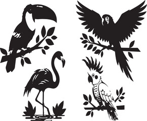 Obraz premium Black and white bird illustrations perched on branches. Minimalist wildlife vector art with detailed feather textures. Nature-themed decorative gra...