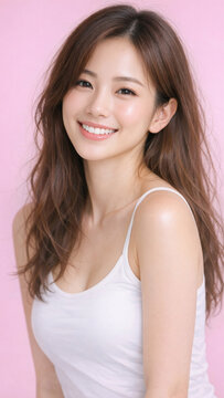 Asian female model with a beautiful smile. Portrait photo with pink background.