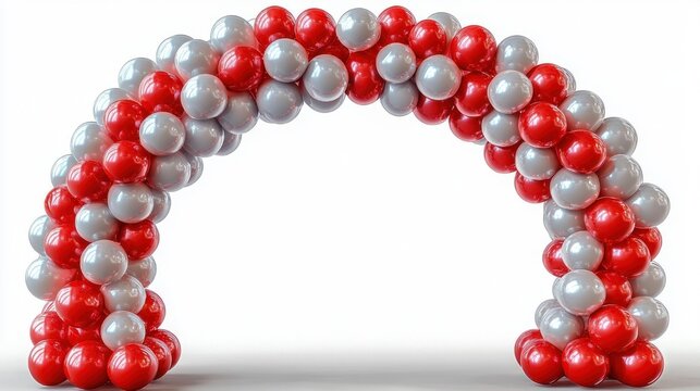 glossy red and silver clustered balloon arch on white background, festive celebratory decoration conveying a cheerful party atmosphere