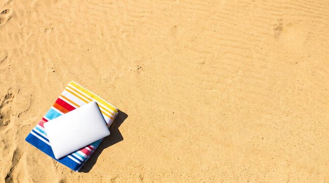 Closed Laptop on Beach Towel and Sand Holiday Copy Space