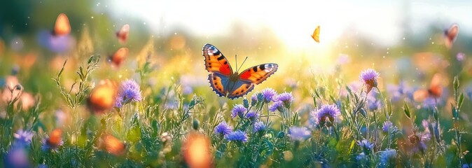 Fototapeta premium orange butterfly hovering above purple and orange wildflowers in a sunlit meadow, serene joyful morning glow