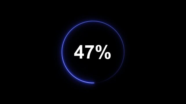 Neon blue circular loading progress bar animation with 47 percent counter on black background circle