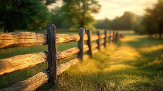 rustic wooden split-rail fence stretching through a sunlit grassy meadow with trees, warm golden light and a peaceful tranquil atmosphere