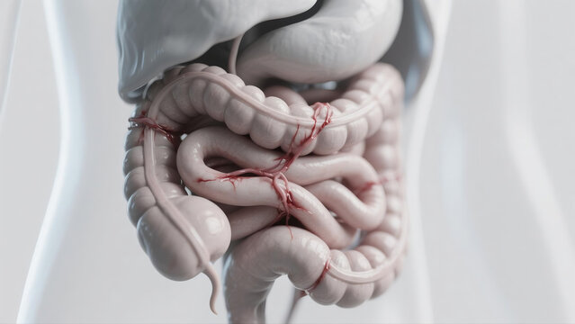 Medical illustration showing intestinal adhesions, abnormal fibrous tissue connections forming between intestinal segments after abdominal surgeries or inflammation. This gastrointestinal disorder tri