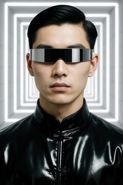 Enigmatic technocrat gazes forward through reflective full-face sunglasses