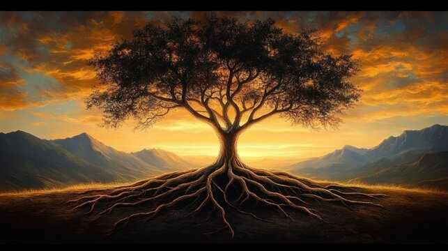 Solitary tree with sprawling exposed roots under a golden dramatic sunset sky, framed by distant mountains, evoking a serene and majestic mood