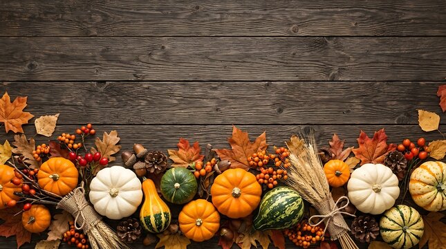 Festive halloween autumn harvest pumpkins leaves and wheat on rustic wood for fall decor