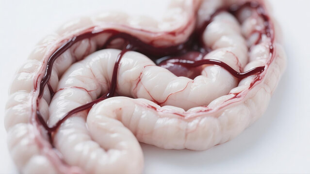 Medical illustration showing intestinal adhesions, abnormal fibrous tissue connections forming between intestinal segments after abdominal surgeries or inflammation. This gastrointestinal disorder tri