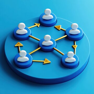 3d blue network diagram showing a central user connected to five surrounding users on a circular platform with golden directional arrows, conveying collaborative and dynamic communication