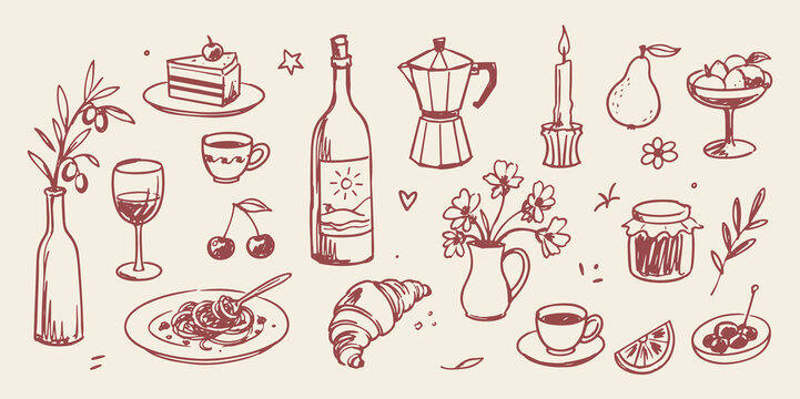 Mediterranean brunch doodle set hand drawn vector illustration
